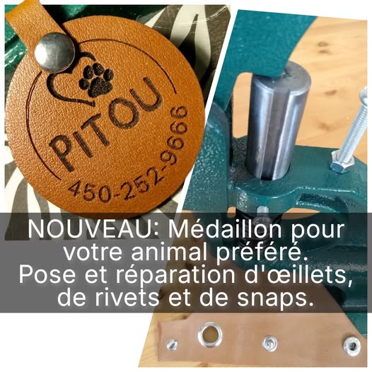 Nouveau : médaillon personnalisé en cuir pour ce que vous-voulez. Aussi, réparation et pose d'œillets, de rivets et de boutons "snaps".